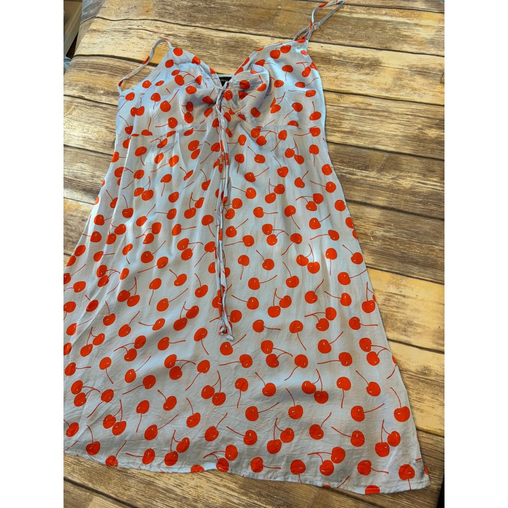 Y2K Short Slip Dress‎ Blue Cherry Print Tie Front Silky Fruit